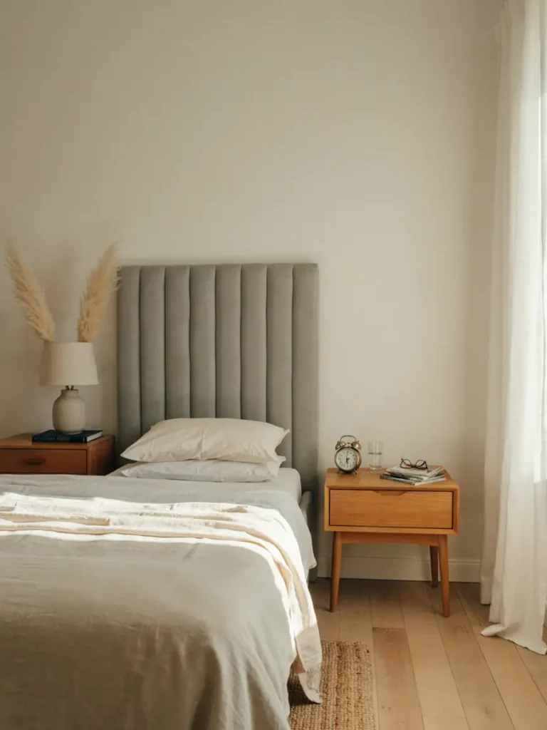 Grey Headboard With Beige and Cream Decor