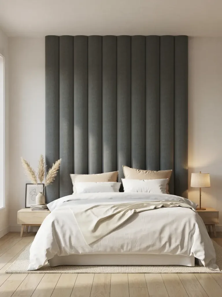Grey Headboard With Wood Nightstands