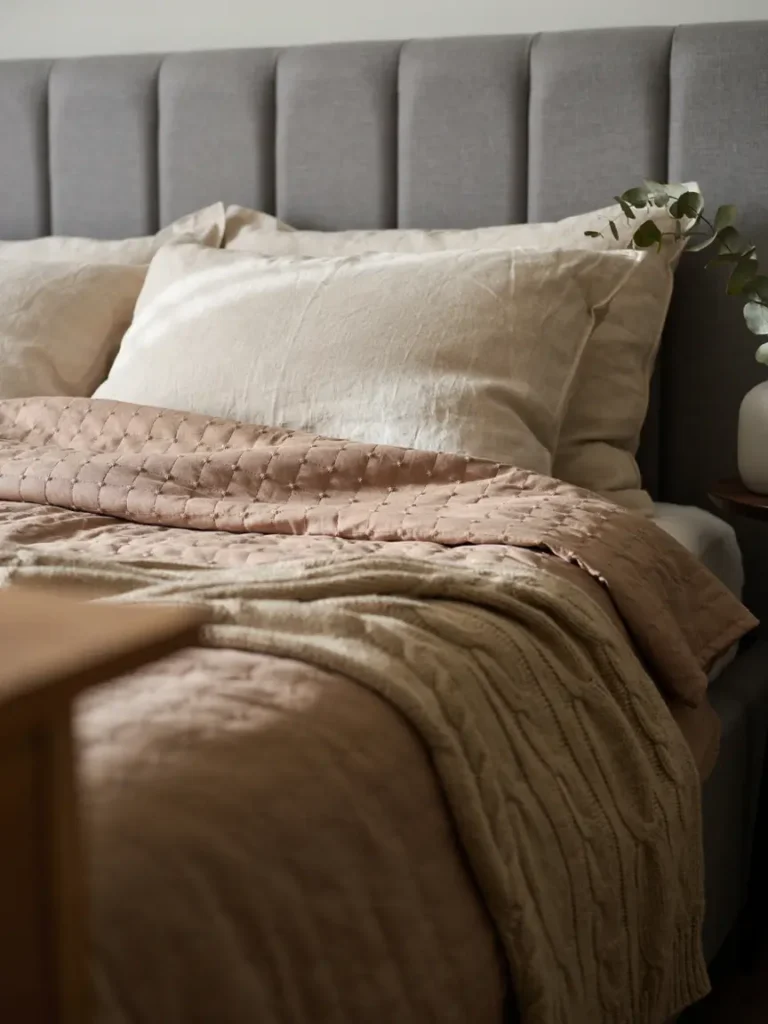 Grey Headboard With Navy Blue Bedding