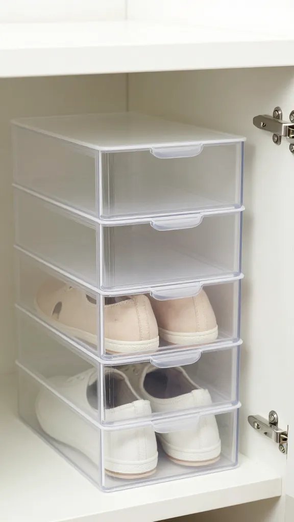 closeup of stackable shoe organizer in tiny closet alcove