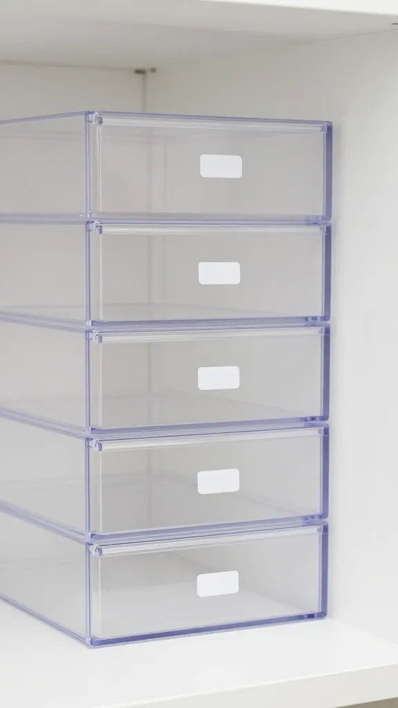 closeup of labeled transparent slim drawer in corner shelf