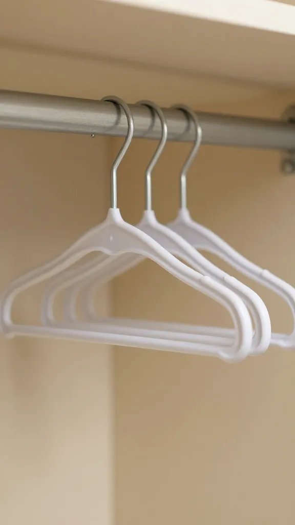 closeup of hanging rod with space-saving hangers in tight closet