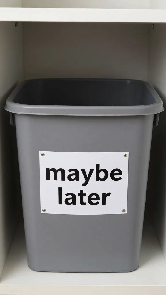 closeup of labeled “maybe later” bin on closet floor
