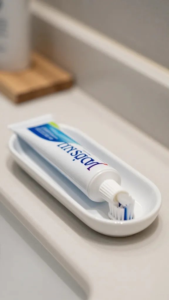 closeup toothpaste daily-station tray on bathroom counter