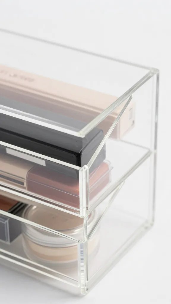 closeup clear acrylic cosmetic organizer with visible products