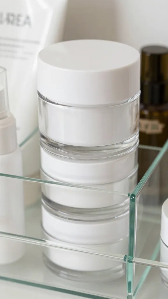 closeup glass tiered organizer with stacked skincare jars