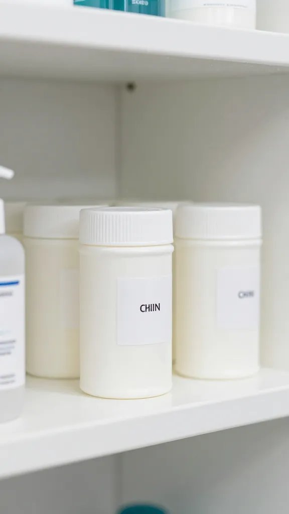 closeup medicine cabinet shelf with labeled containers