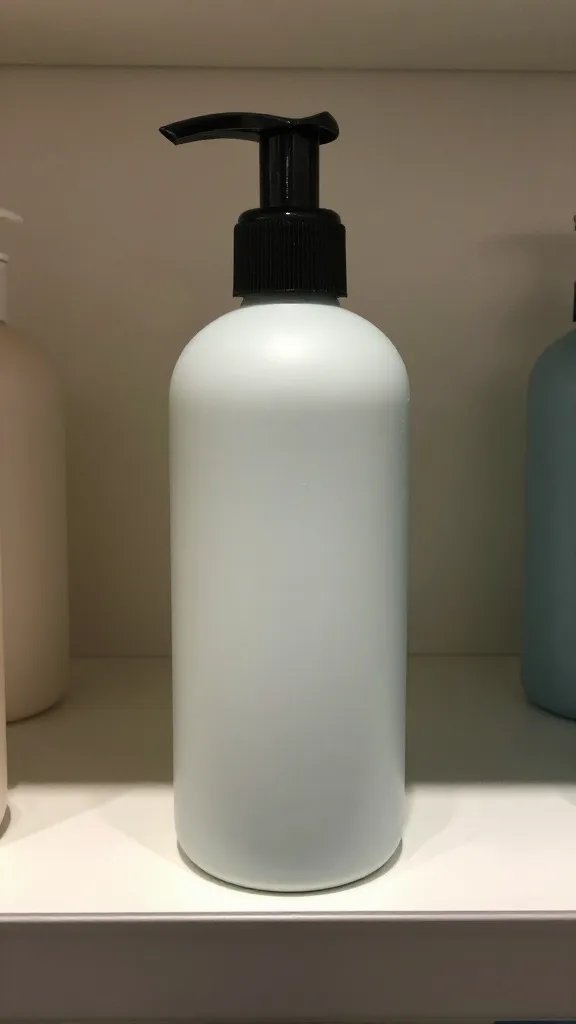 closeup single haircare bottle on mounted shelf