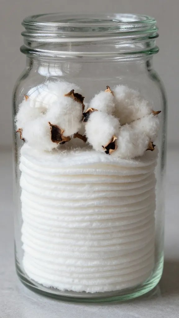 closeup glass jar filled with cotton pads on counter