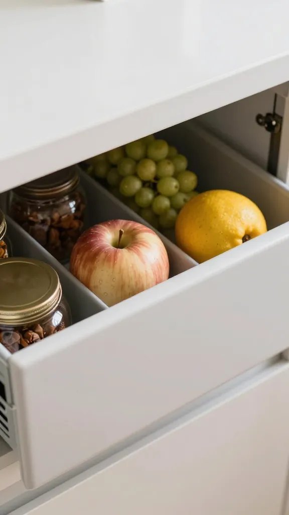 closeup labeled divider on counter separating daily staples