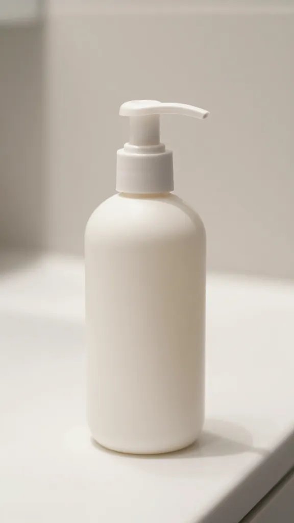 closeup of a single minimalist lotion bottle on a clean bathroom counter
