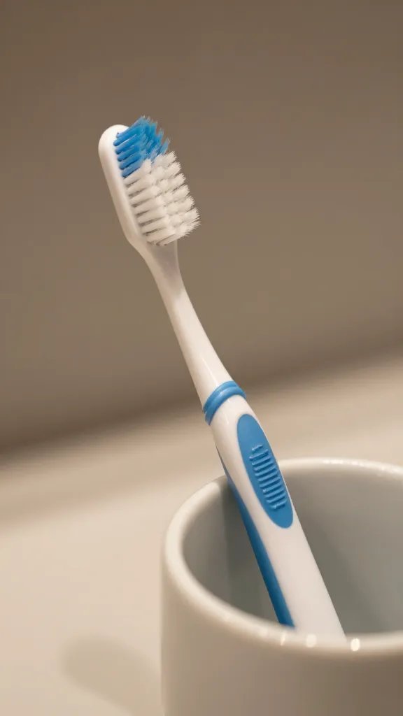 closeup of a single toothbrush in a ceramic holder on counter