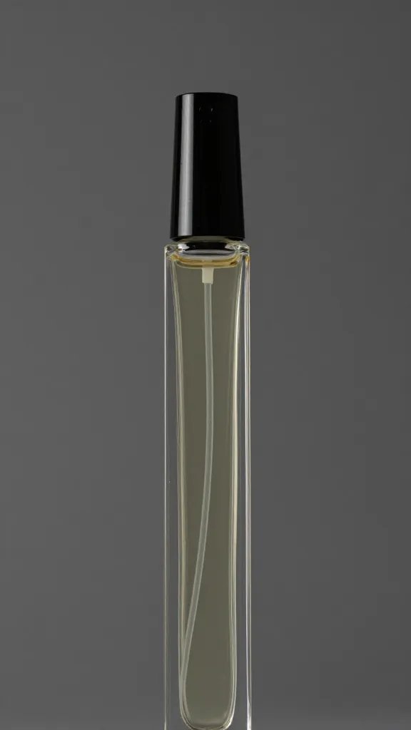closeup of a single tall vertical riser with one compact perfume bottle