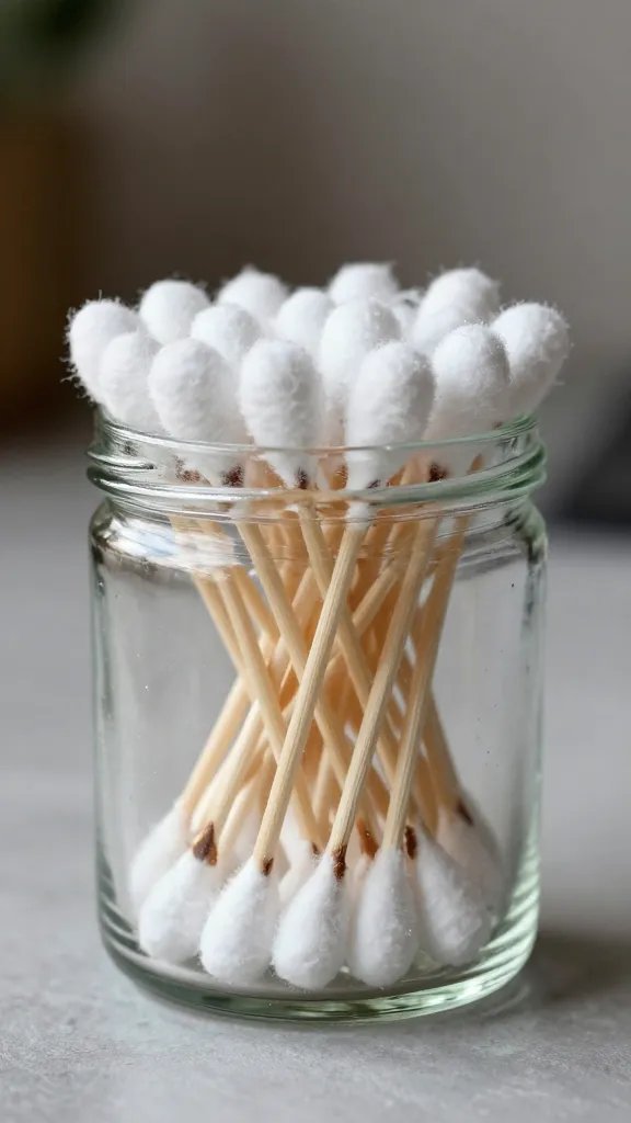 closeup of a single glass jar filled with cotton swabs on counter