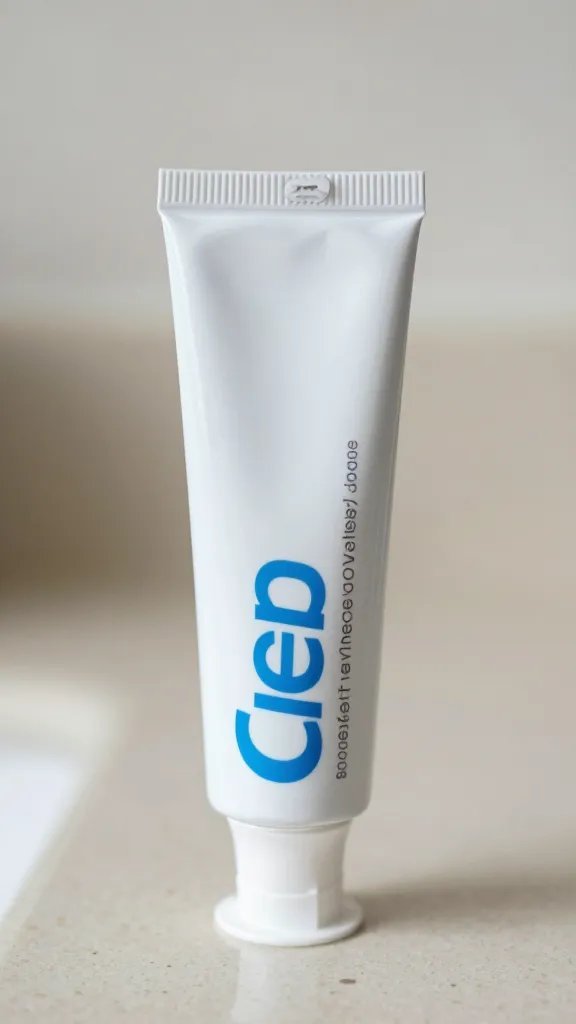 closeup of a single tube of toothpaste with clean label on counter