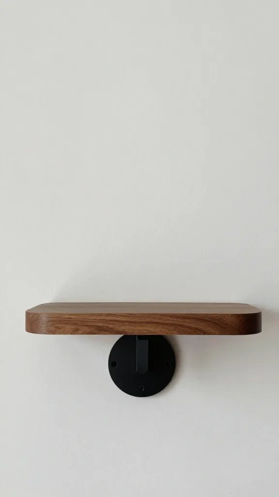 closeup of a single wall-mounted shelf holding one neatly placed item