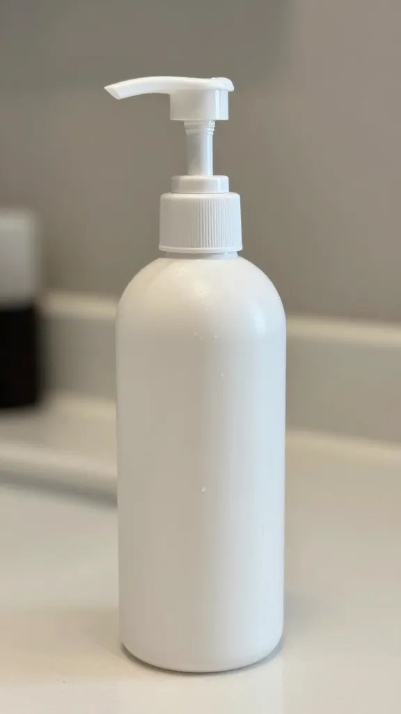 closeup of a single multi-use product pump bottle on counter