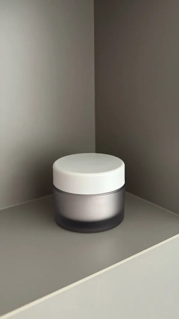 closeup of a single small backup product jar on a slim counter nook