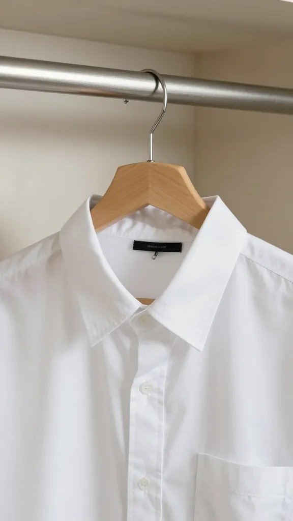 Closeup of a single white shirt on a hanger against a neutral closet wall