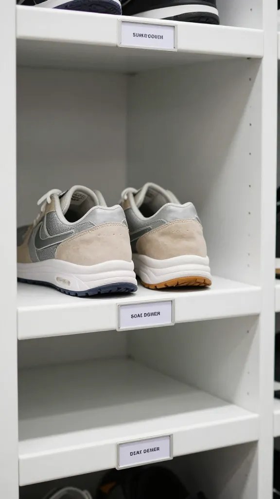 Closeup of a neatly labeled shoe shelf with one pair highlighted