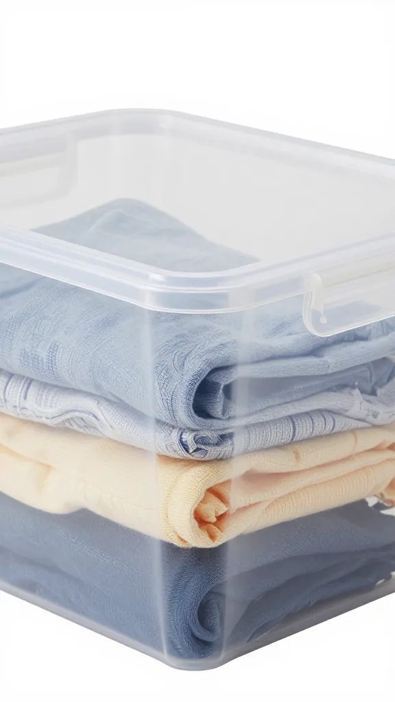 Closeup of a single clear storage bin with seasonal clothes