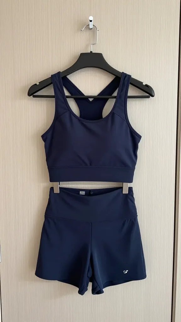 Tight shot of a lone workout outfit on a hanger by the door