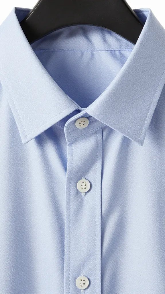 Closeup of a single work shirt buttoned and pressed on a hanger