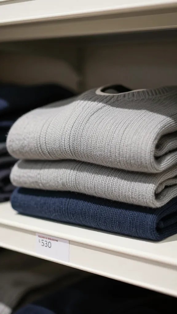 Closeup of a single sweater folded crisply on a labeled shelf