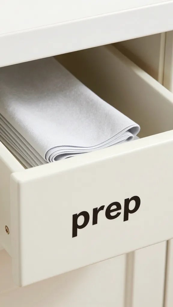 closeup of a single drawer labeled “prep” with neatly folded utensils