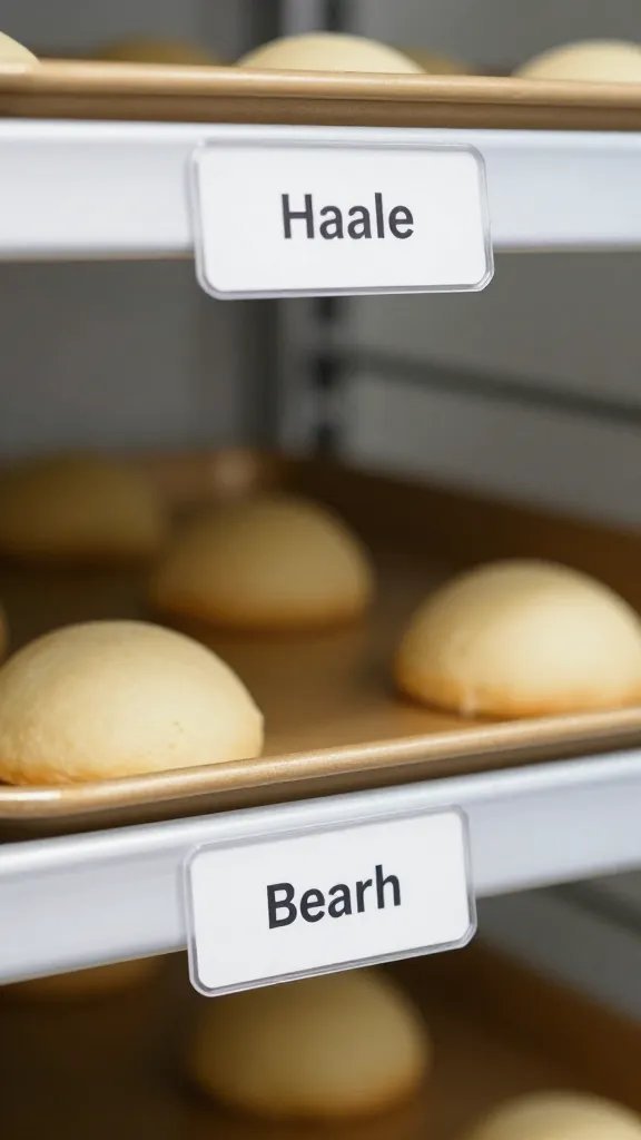 closeup of a single labeled baking shelf with one item on it