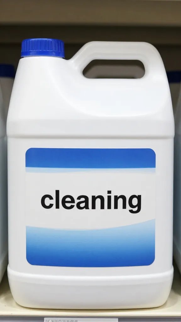 closeup of a single gallon jug labeled “cleaning” on a shelf