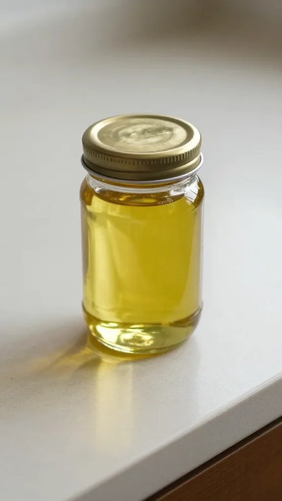closeup of a single jar of oil on a pivoting, decluttered countertop