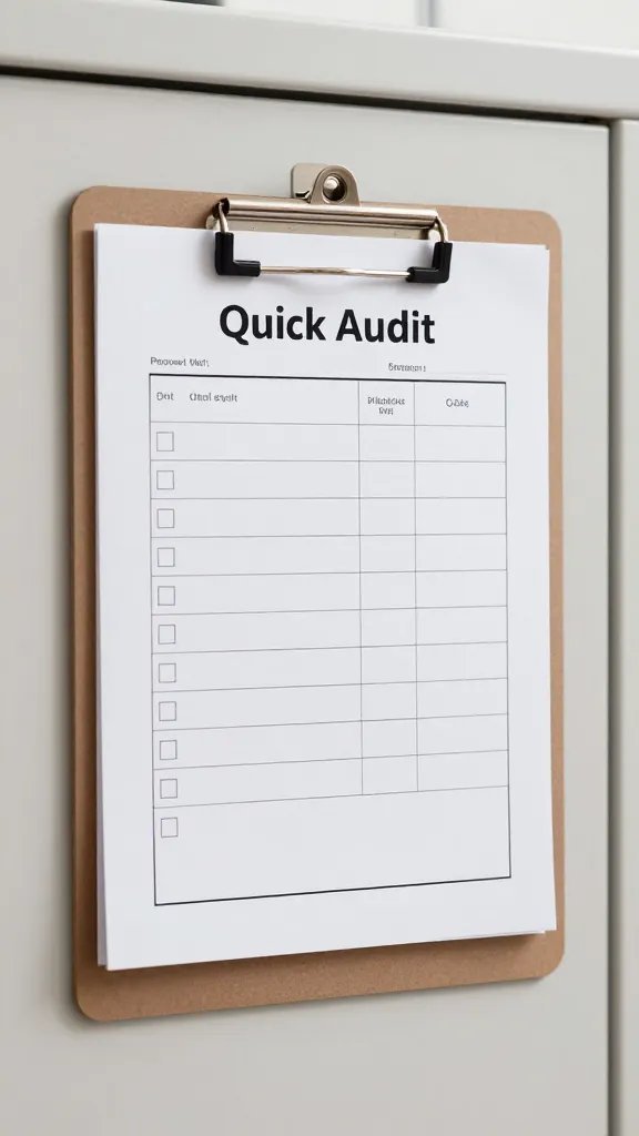 closeup of a single clipboard-style quick audit checklist mounted in cabinet door