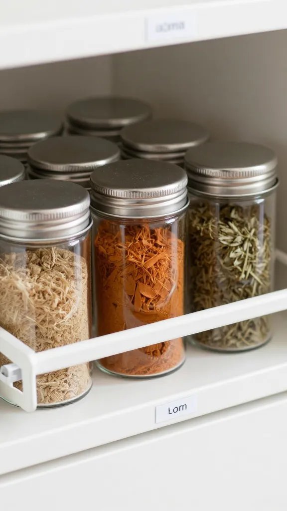 closeup of pull-out pantry shelf with labeled spice jars