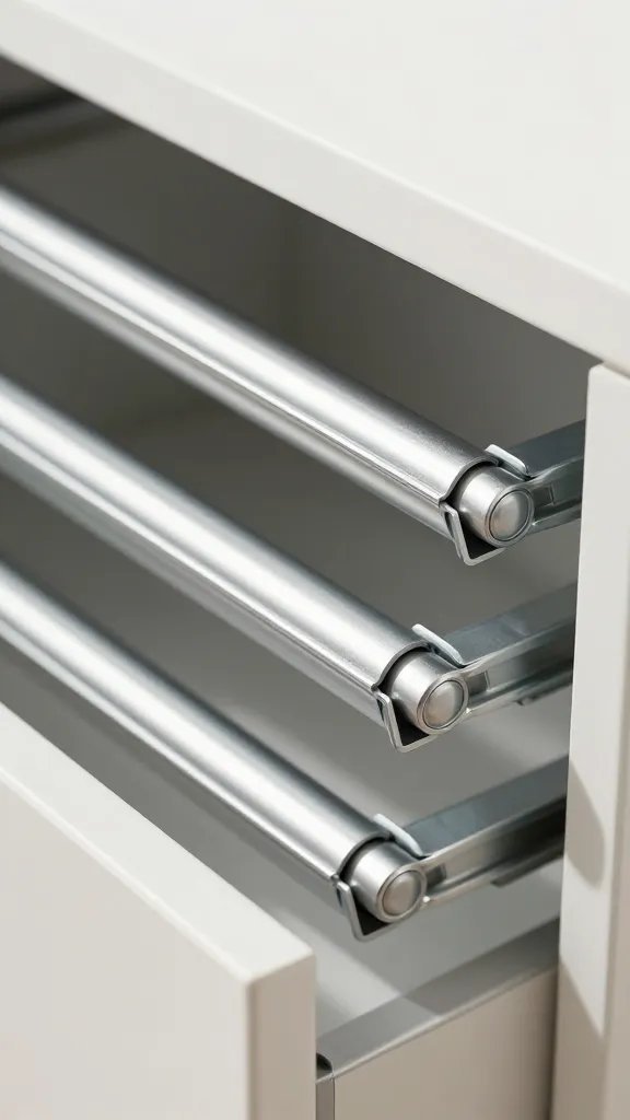 closeup of telescoping pull-out drawer rails in narrow cabinet