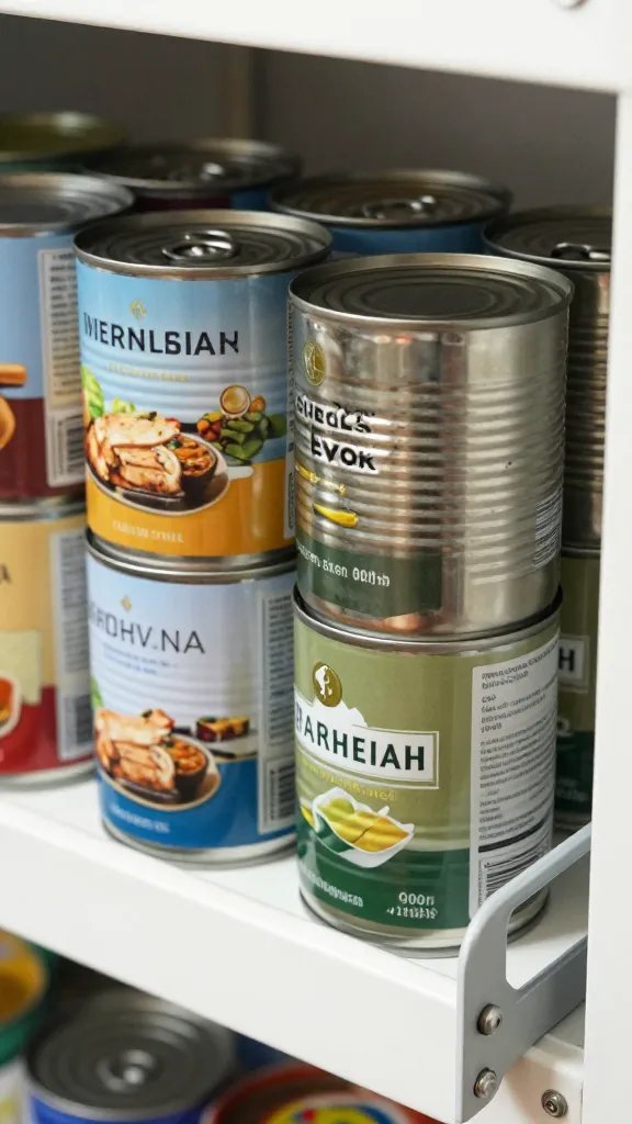 closeup of stacked canned goods organized on pull-out shelf