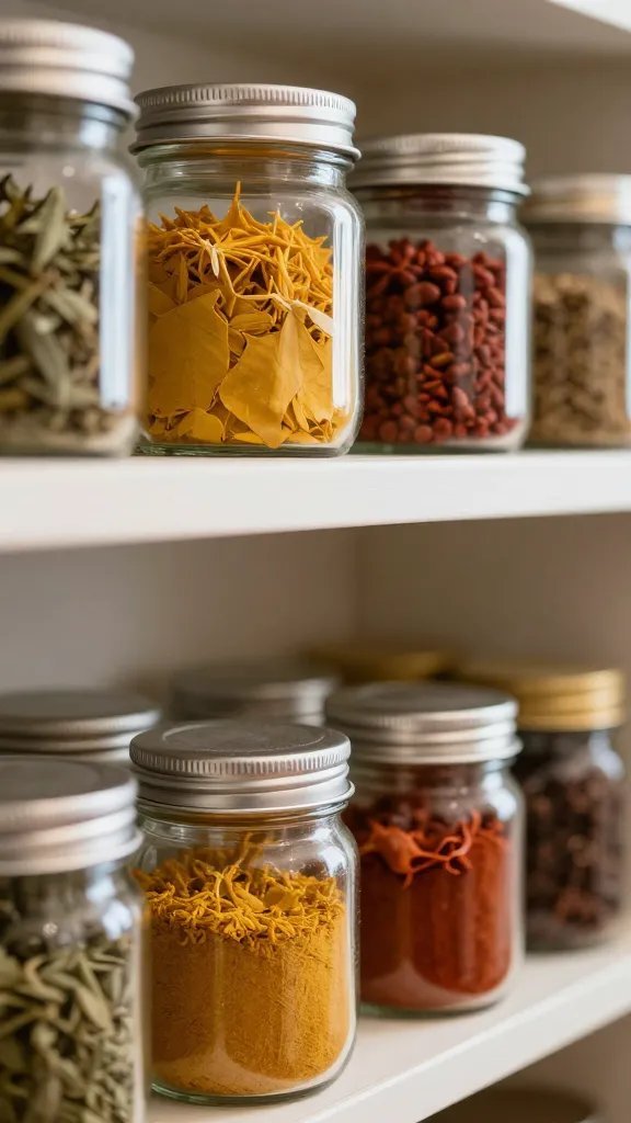 closeup of spice jars aligned by category on a slim pantry