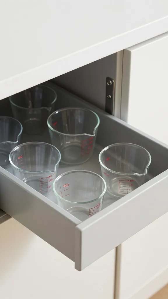closeup of corner cabinet pull-out tray with measuring cups