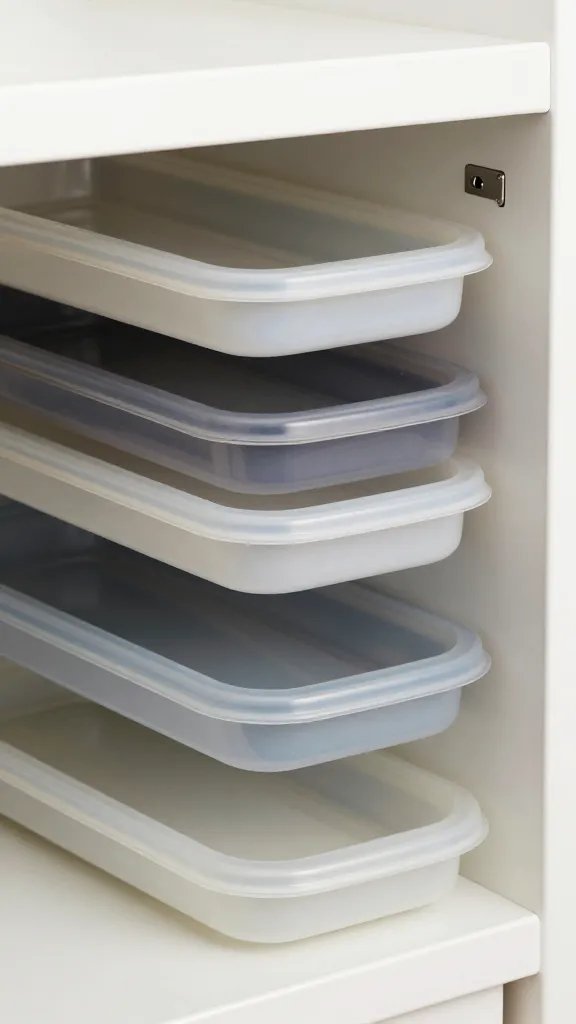closeup of corner cabinet lid organizer with stacked lids