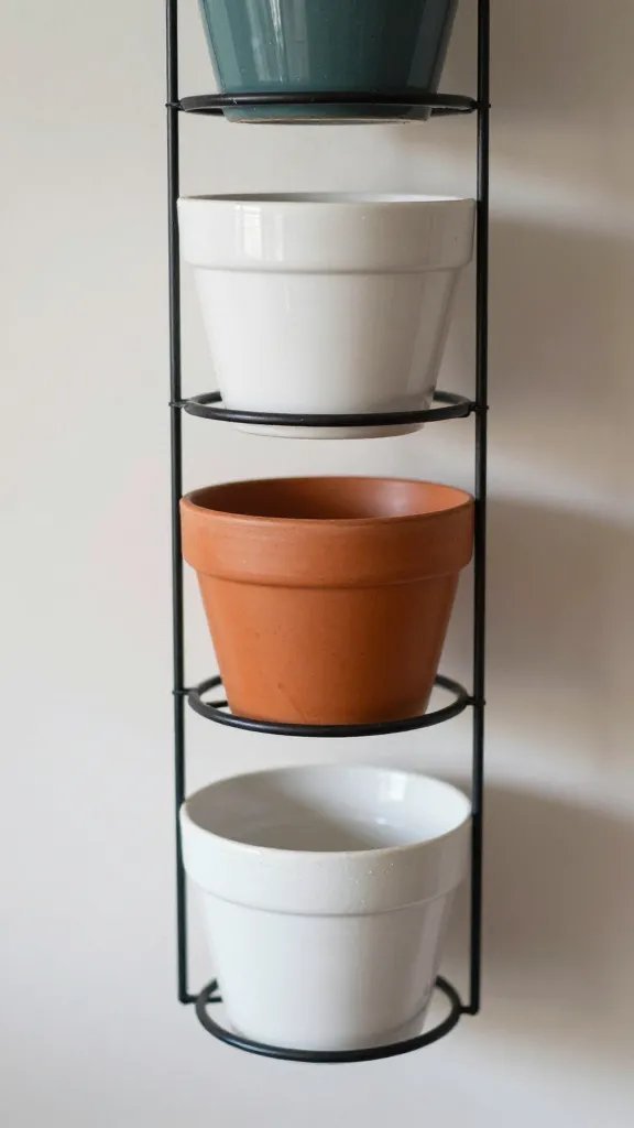 closeup of vertical hanging rack for pots in small kitchen