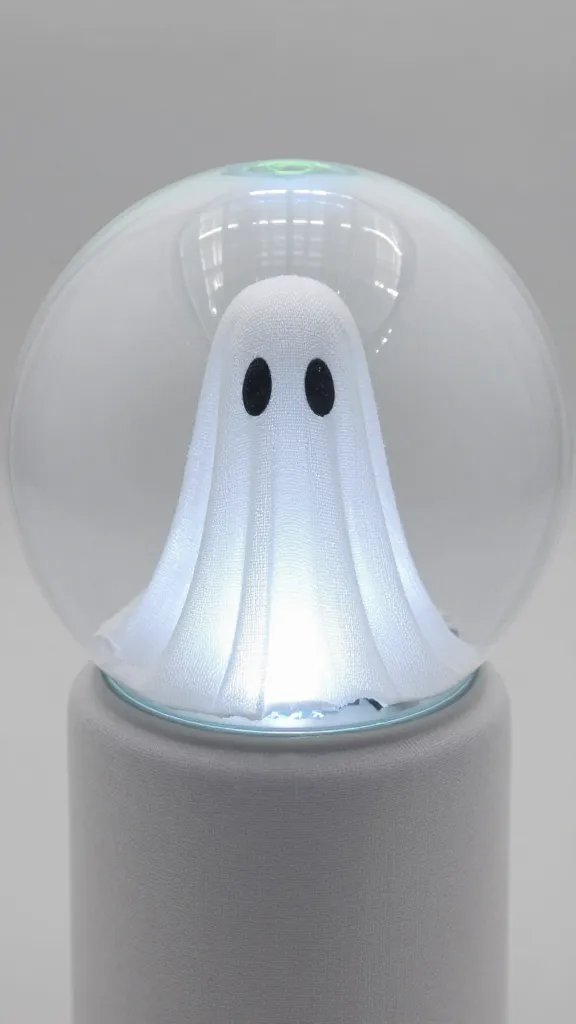closeup of white fabric-wrapped ghost orb with LED core