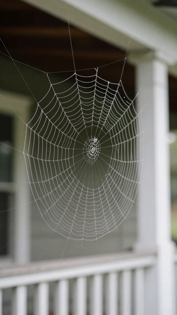 closeup of a cobwebbed porch with translucent recharge cobwebs