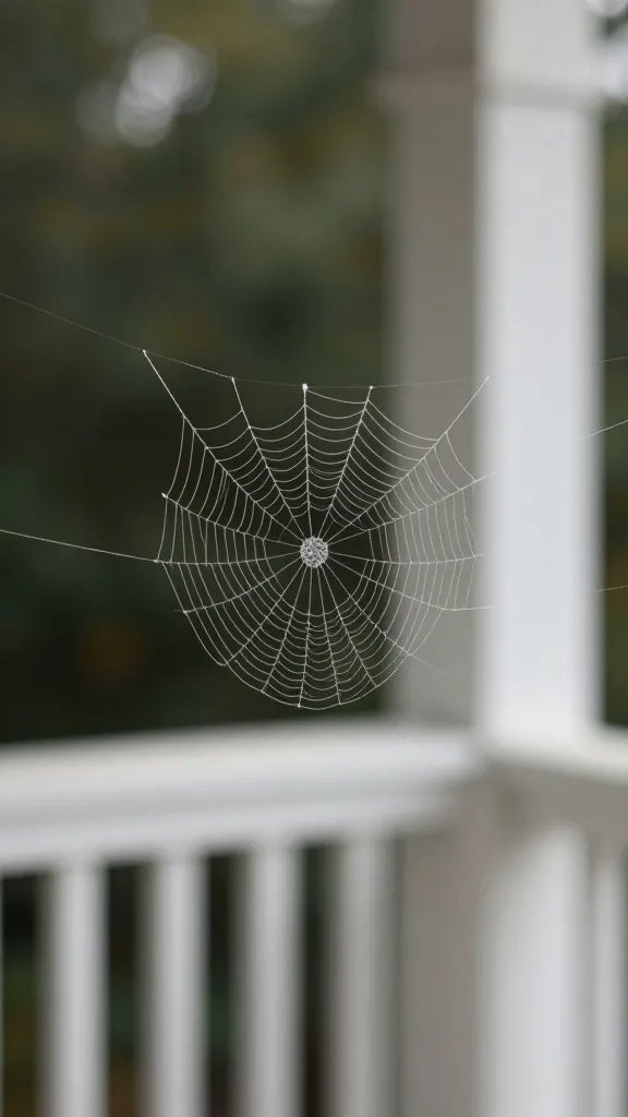 closeup of a single LED-lit cobweb strand on porch railing