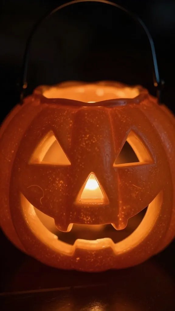 closeup of a spooky Halloween lantern casting warm glow