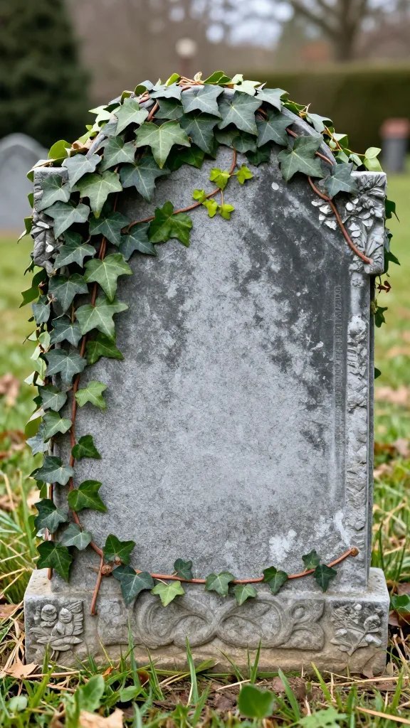 closeup of a single ivy-wrapped prop tombstone in yard