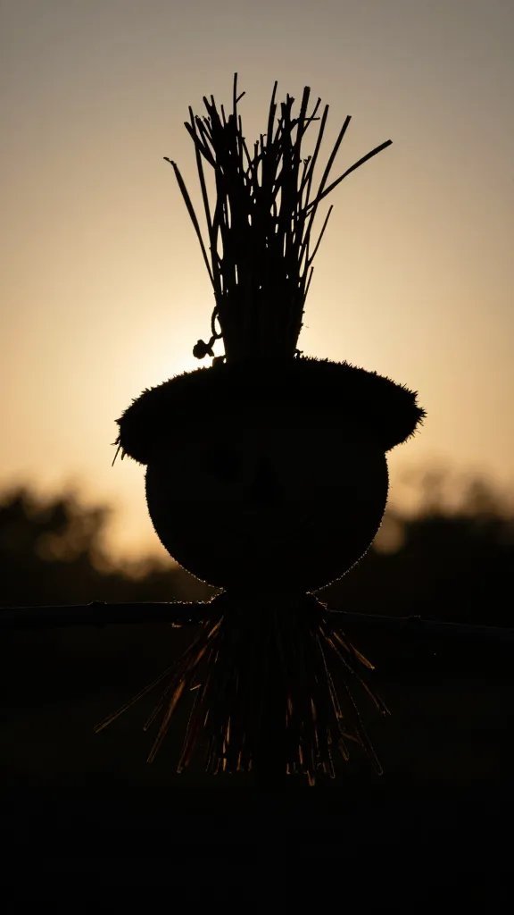 closeup of a lone scarecrow head silhouette in garden light
