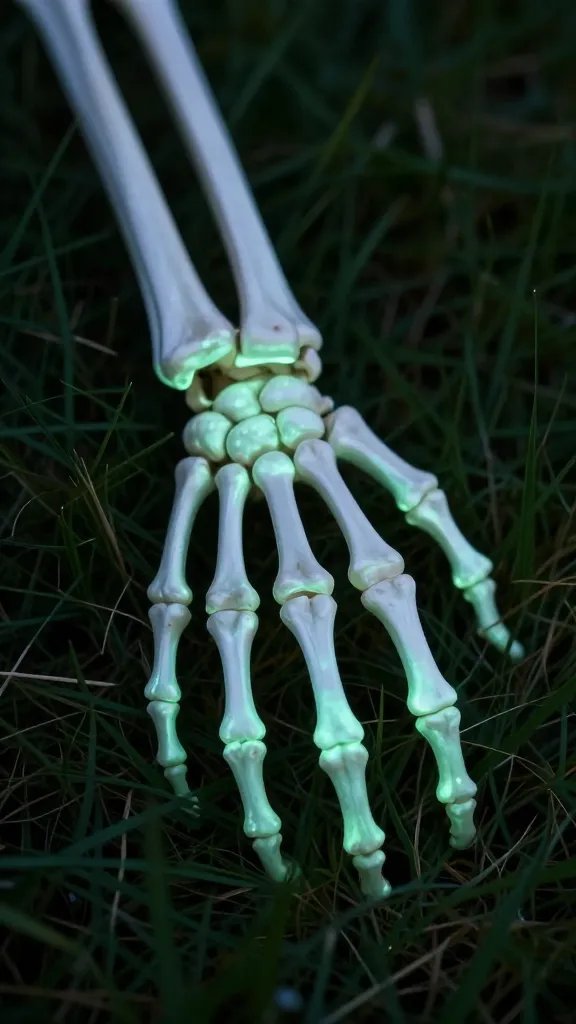 closeup of a single glow-in-the-dark skeleton hand on grass