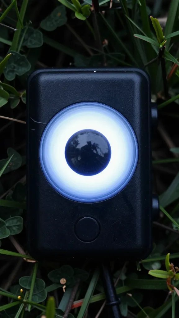 closeup of a blinking eye doorbell prop on a spooky hedge