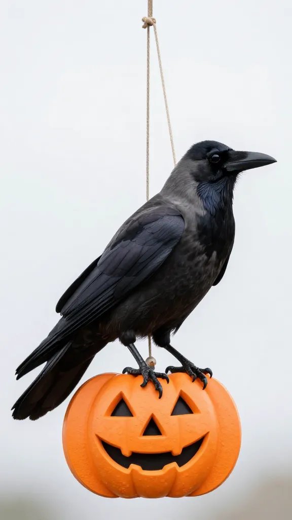 closeup of a crow perched on a hanging Halloween sign