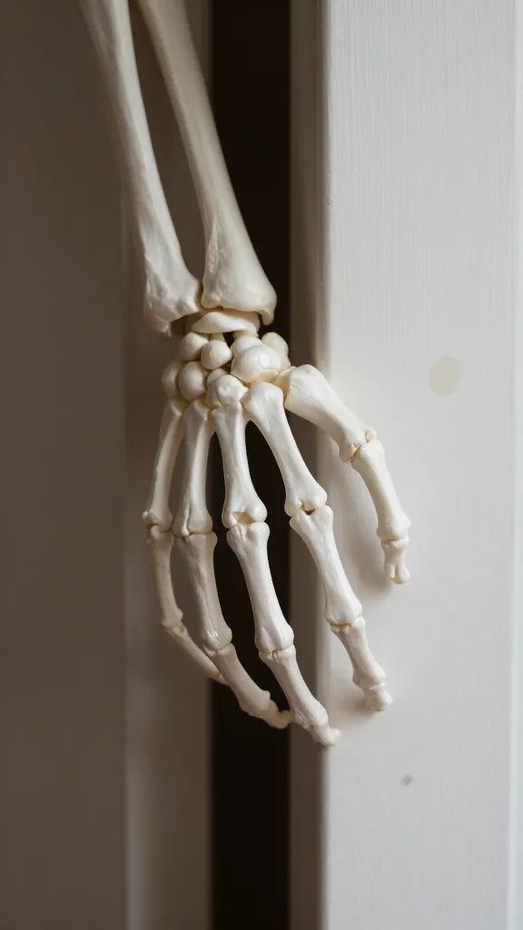 closeup of a skeleton hand peeking around a door frame